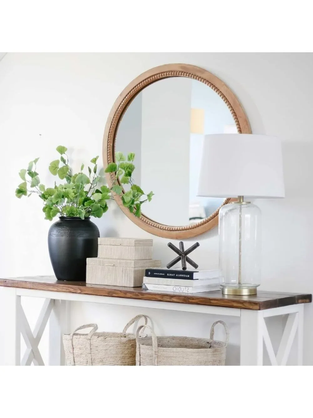 18” Round Wood Mirror - Farmhouse Style Circle Wall Decor for Boho Bathroom